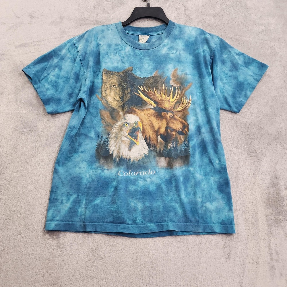 Vintage Alore Shirt Mens L Blue Colorado Wolf Moose Eagle Graphic Tee Tie Dye